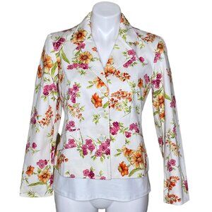 Talbots Stretch Floral Button-Front Jacket, White Long Sleeve Women's Size 2P